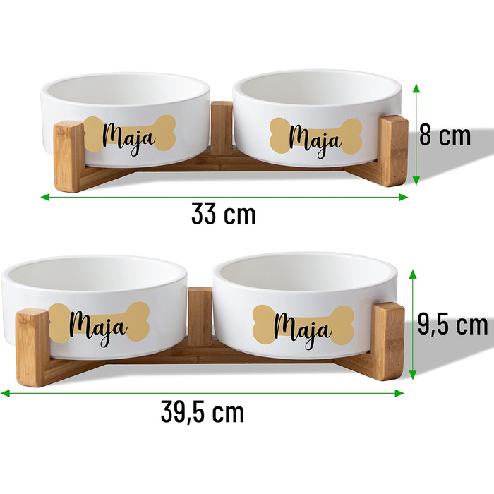 Керамічний двомісний набір мисок з іменем для собак та котів 'Кістка' - персоналізований набір мисок з/без підставки | Миска для собак, годівниця, миска для котів | Годівниця (2x500мл, стійка)