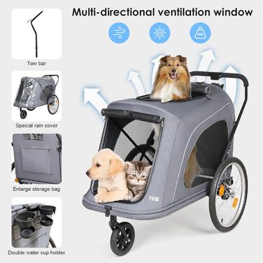 Beberoad 2-в-1 Причіп для собак на велосипед та візок, складаний, до 45 кг, R8 (Чорний/Сірий)