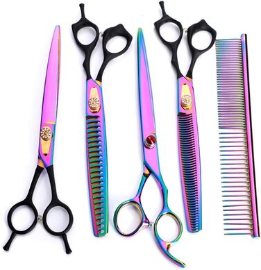 Професійна ножиця для стрижки собак Profi Hunde Haarschere, 8.0 дюймів, ефілююча ножиця, вигнута ножиця, гребінець для грумінгу, фіолетовий колір