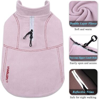Теплий зимовий пуховик VIVAGLORY для собак, флісова куртка з захистом живота та клямками, світловідбиваючий, регульований, рожевий, S (обхват грудей 45-54 см, шиї ~30 см)