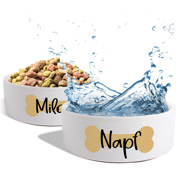 Керамічний двомісний набір мисок з іменем для собак та котів 'Кістка' - персоналізований набір мисок з/без підставки | Миска для собак, миска для котів, годівниця | 2x 500 мл