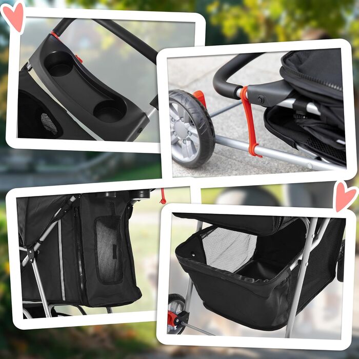 Візок для собак та котів PawHut, чорний, 75x45x97 см, 75L, з килимком, сітковими віконцями, тримачем для напоїв та сумкою для зберігання