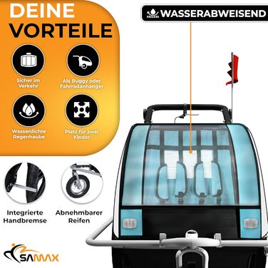 SAMAX Fahrradanhänger Jogger 2in1: Дитячий велопричіп-коляска 2в1 для 2 дітей, повне зчеплення, поворот на 360° (Блакитний - Срібляста рама)