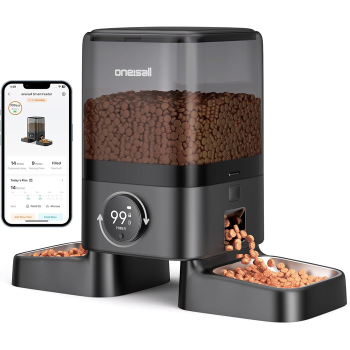 Автоматичний годівниця для котів Oneisall 5L з двома мисками, керування через додаток, Wi-Fi, PF10DAE