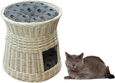 Кігтеточка-ліжко для котів: кругла хатинка з лози, 2 поверхи, білий колір, сірий лежак