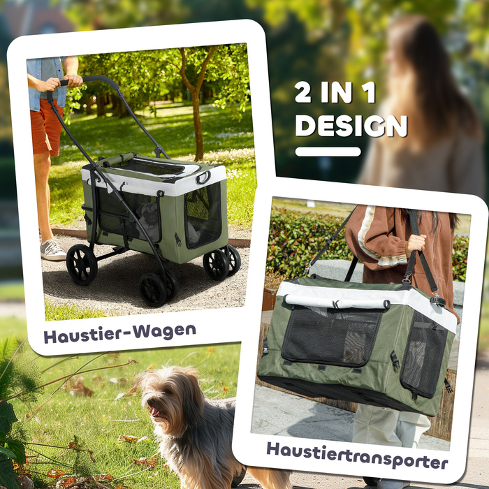 PawHut 2 в 1 Коляска для собак Dog Buggy Складна для собак і кішок до 10 кг Cat Buggy з подушками Сітка Вікна Двері Кошик для зберігання Котяча коляска Баггі Темно-зелений | Аосом
