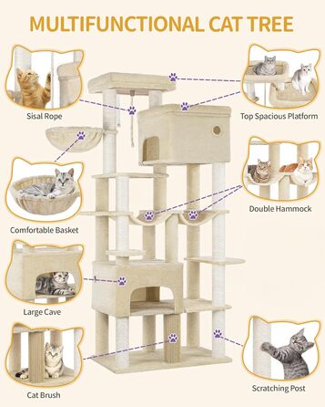 Кігтеточка Hzuaneri XXL 200 см з 10 стовпчиками, 2 печерами, 2 гамаками, великою платформою, щітками для котів, кошиком. Підходить для Maine Coon та великих котів (Бежевий)