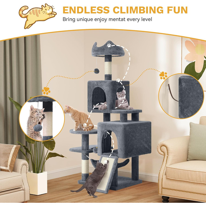 Кігтеточка YITAHOME XXL для котів, 137 см, сіра: 8 стовпів з сизалю, 3 платформи, 2 печери, гамак, іграшки