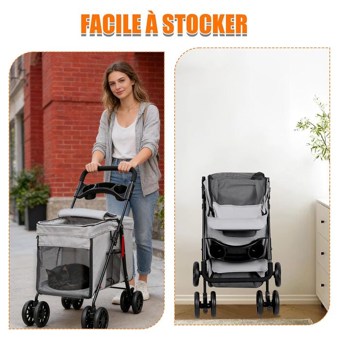 Дитяча коляска для собак та котів Homewell, сіра, складана, до 20 кг, з сіткою, ременями та тримачем для напоїв