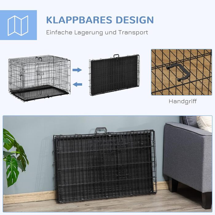 Клітка для собак PawHut металева, транспортна, з 2 дверима, чорна, 91x61x67 см