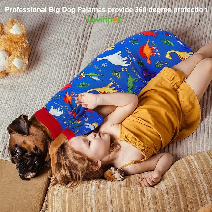 LovinPet Одяг для великих собак Пітбуль 3XL, післяопераційний комбінезон для собак, захист від УФ, антистрес, динозавровий принт