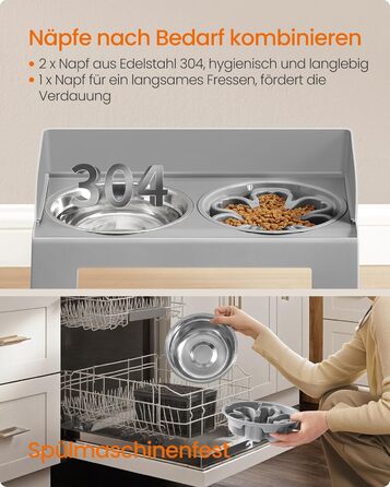 Підвищена годівниця для собак Feandrea з регульованою висотою та нахилом, 2 миски з нержавіючої сталі 304, миска для повільного годування, сірий колір, PRB103GD01