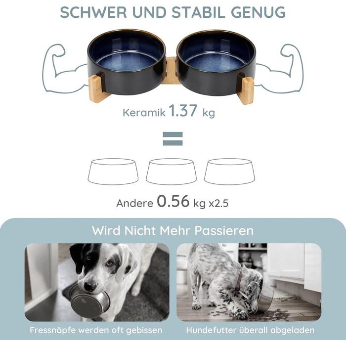 Набір мисок для собак та котів SPUNKYJUNKY з кераміки, 2 шт., 400 мл, блакитний, з підставкою з бамбука