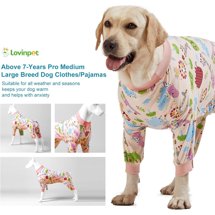 LovinPet Одяг для великих собак: піжама для собак великих порід, вузька посадка, легкий пуловер, повне покриття, з принтом рожевого кольору, розмір 3XL