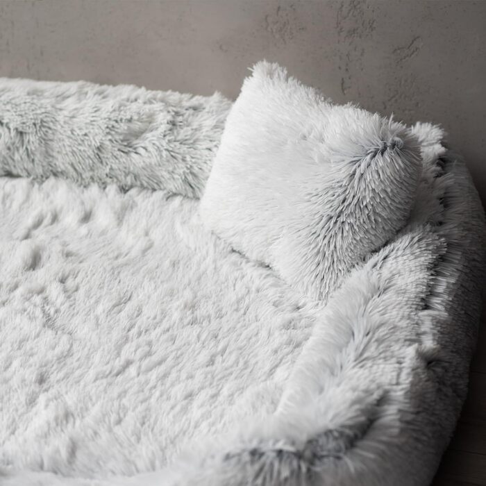 Ортопедичне ліжко для собак Tierlando® Pedro Shaggy з м'яким, пухнастим покриттям з довгого ворсу, знімним Ortho-Plus матрацом, розмір: 160x110 см, колір: світло-сірий