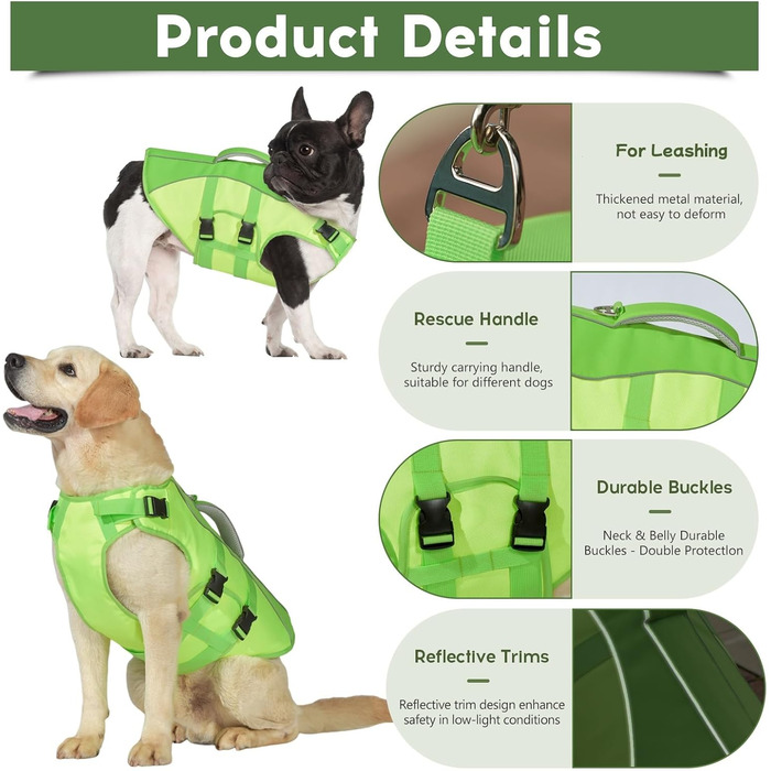 Жилет для плавання собак великий, безпечний жилет для собак, для плавання та катання на човнах, світловідбиваючий жилет для цуценят з високою плавучістю та ручкою для рятування, регульований розмір Large (Обхват грудей: 19.7-29.5 дюймів) (Large (Обхват гр