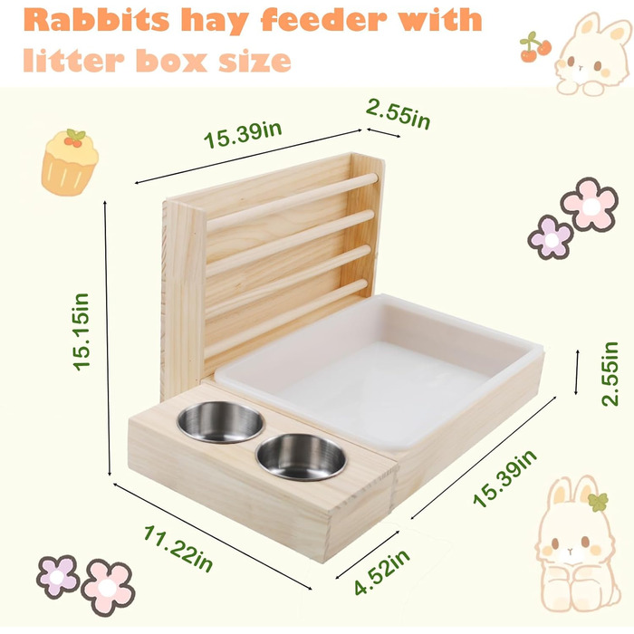 Фунтерійка для сіна PINVNBY 3-в-1 з туалетом для котів та годівницями, для кроликів та морських свинок