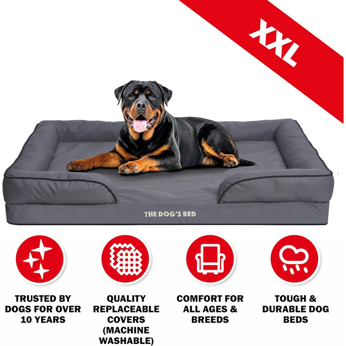 Ортопедичне ліжко для собак з ефектом пам'яті, водовідштовхувальне, велике, сіро-срібне, знімні чохли (XXL, сіре з чорним кантом)