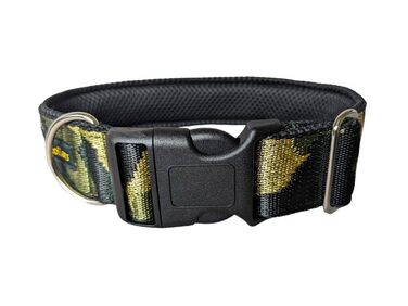 Камуфляжний нашийник для собак, широка стрічка 4 см, м'яка підкладка, військовий стиль, зручна застібка-клік, регульований, оливково-золотий-чорний (до 48 см)