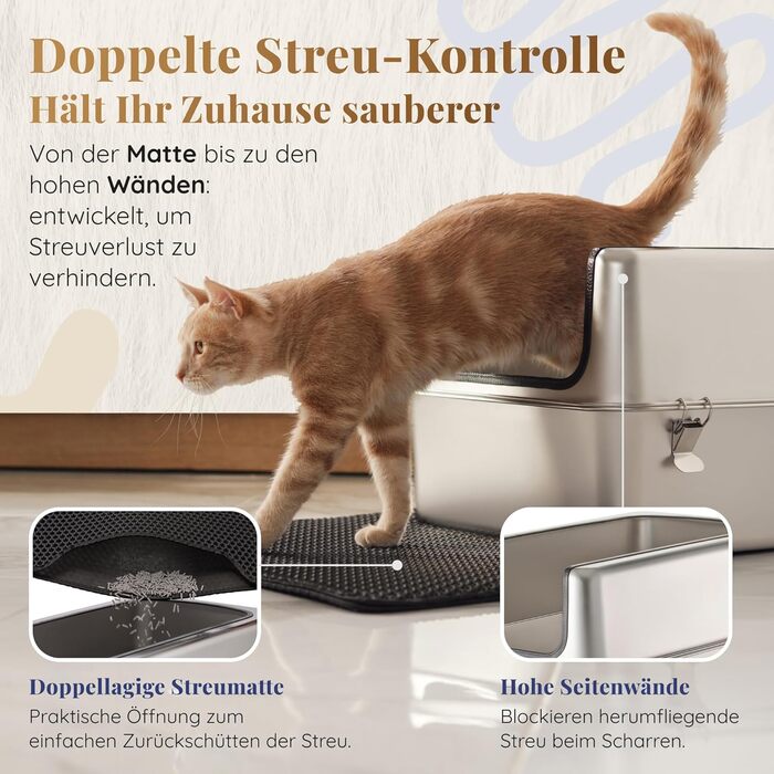 Котячий лоток з нержавіючої сталі XXL – Легко чистити, стійкий до запахів – з високим бортиком, об'єм 38л, антивитік, антипригарне покриття, з лопаткою та килимком