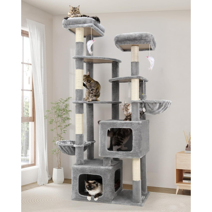 Драбина для котів Globlazer XXL, 189 см, сірий, з великою печерею та платформами