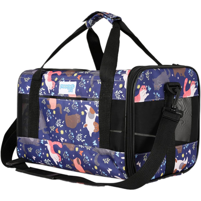 PETCUTE Транспортна сумка для котів та собак, складана, з плечовим ременем, схвалена авіакомпаніями, дихаюча, знімний килимок, M, Marineblau (Морський блакитний)