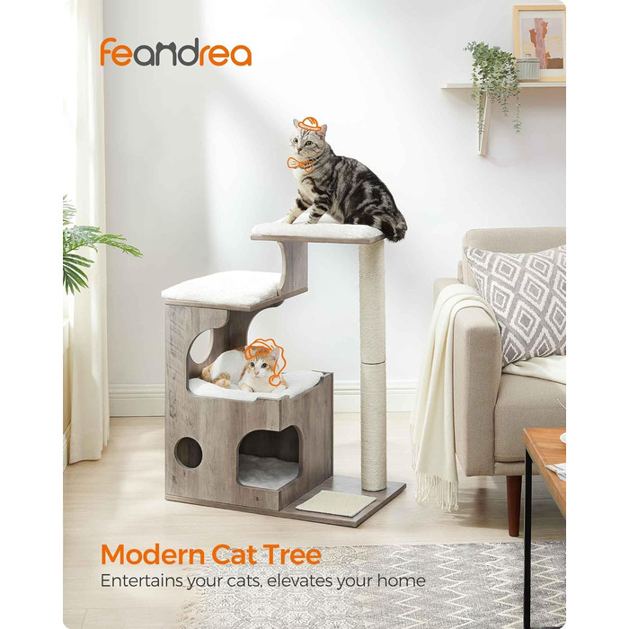 Котячий комплекс Feandrea WoodyWonders UPCT070G01, 86 см, сучасний котячий будинок-турнікет з 3 сидіннями, кігтеточка, мат, будиночок, 4 знімні пральні подушки, сіро-білий
