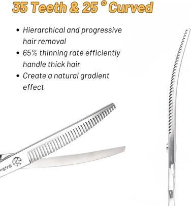 Професійна вигнута ножиця для грумінгу домашніх тварин 7.5 дюймів (25 градусів) з 35 зубцями, коефіцієнт розрідження 65%, високоякісна грумерська ножиця