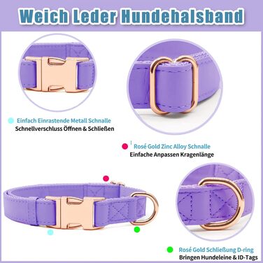 Набір собачий: шкіряний нашийник та поводок (2м) - регульований, з металевою застібкою Rose Gold, для собак різних розмірів, фіолетовий, M (XS, ширина 1.5см)