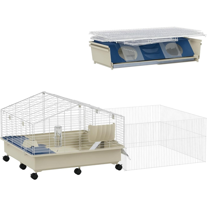 Клітка для дрібних тварин PawHut з вольєром, клітка для кроликів, клітка для дрібних тварин з пляшкою для води, годівницею для сіна, рампою, коліщатками. Підходить для морських свинок та їжаків. Білий колір.