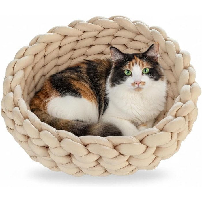 Котяче ліжко Ø40 см, 14 см висота | Плетене котяче гніздо з бавовни | М'яке, зручне котяче ліжечко для маленьких та середніх котів, миється (Крем-Абрикос)