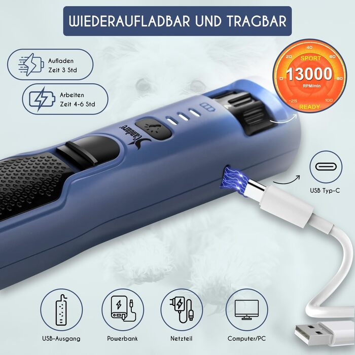 Шліфувальник для собак Candure: тиха акумуляторна машинка для догляду за кігтями з LED-підсвічуванням та змінним насадком, підходить для собак всіх розмірів (Marineblau)