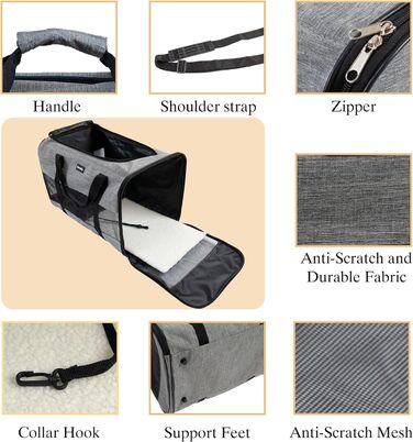 Транспортна сумка для котів та собак, дихаюча та складана, з регульованим плечовим ременем, знімний плюшевий матрац (Сірий, L)