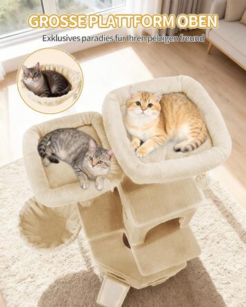 Кігтеточка для котів Hzuaneri, 174 см, XL, 2 платформи, 2 печери, 4 стовпчики, дошка для шліфування кігтів, мотузка з сизалю, плюшеві кульки, для кількох котів, MS17418LG (Бежевий)