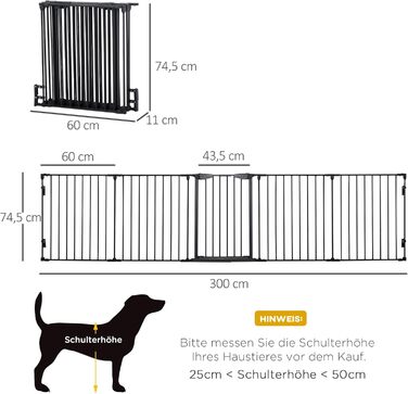 PawHut Забіг для цуценят 2 в 1, 5-секційний, розкладний, з дверцятами. Металевий забіг для собак, 300 x 74,5 см, чорний. DIY забіг для цуценят, захист від каміну та плити для малих та середніх собак