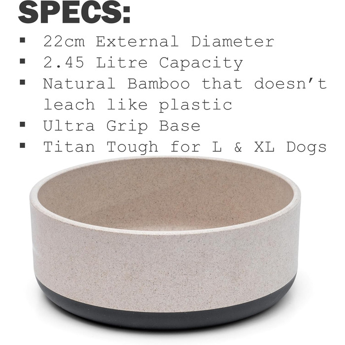 Миска для собак Titan Fuzzl з бамбука та гуми, 22 см, з антиковзким дном, сіра, екологічна, антибактеріальна, міцна, нетоксична, велика, 2.5 л