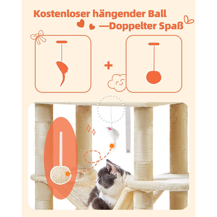 Декількаповерховий комплекс для котів Taoqimiao 170 см з будиночками, гамаком, корзиною та 8 стовпчиками для дряпання, MS013M, бежевий