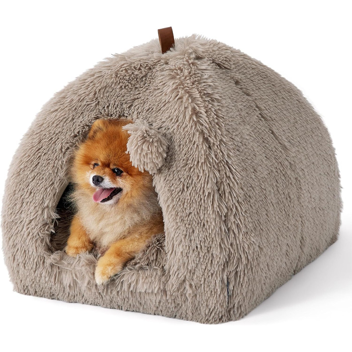 Кішечка БЕДСЮР: велике ліжко-будиночок для котів 40x40x40 см, плюшеве, з подушкою та іграшкою, миється, (44x44x44 см, верблюжий)