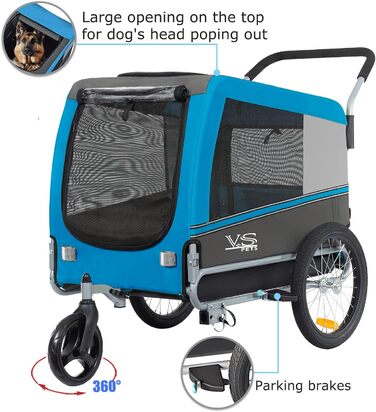 Візок для собак Tiggo VS Pets 2-в-1: візок та велосипедний причіп, блакитний, об'єм 270 л, до 35 кг