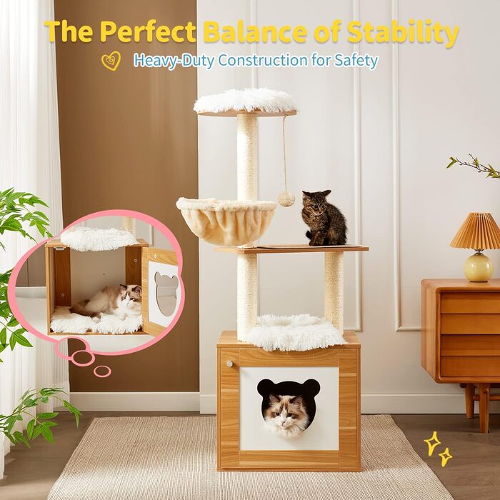 Made4Pets Котячий комплекс з туалетом, 2-в-1 сучасний котячий будиночок для кімнатних котів, 123,4 см, дерев'яний кондо з дряпаком, гамаком і знімною килимкою для великих котів