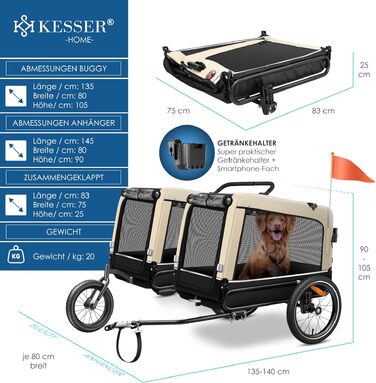 Універсальний візок для собак 3-в-1 KESSER Boxer: собачий buggy, джоггер та велосипедний причіп, об'єм 240 л, амортизація, переднє колесо 360°, тканина 600D Oxford, до 40 кг