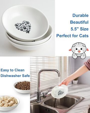 Керамічна миска для котів з віями, 14 см, широка годівниця для вологого корму, миска для котів з милим дизайном, зручна для котів з вусами, неслизька, біла, з сердечками та кігтиками, набір 6 штук