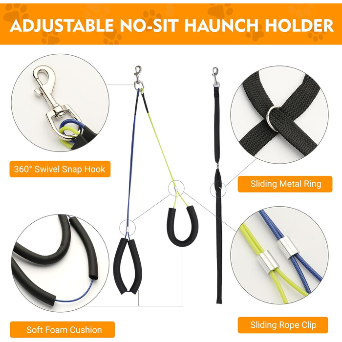 Підтримка для грумінгу собак, регульована, для маленьких та середніх порід, з кліпсою, петля для грумінгу, без підтримки спини та стегна (чорний, 111,8 см, арка + міцна кліпса + гамак)