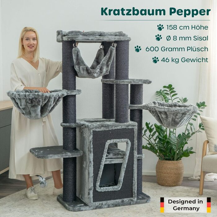 Дряпка для котів HAPPYPET Pepper 157 см, преміум XXL, для великих котів, з натуральним сизалем, будиночком та лежанками, сірий
