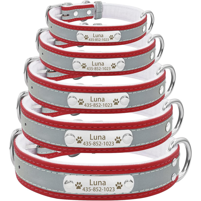 Персоналізоване світловідбиваюче нашийник та поводок для собак Senristar з гравіюванням, для малих, середніх та великих собак та котів (XL, ширина 3,0 см, обхват шиї 45-55 см), червоний комплект