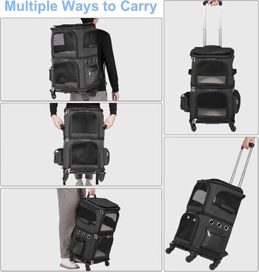 Трансформер-переноска для котів та собак, рюкзак-переноска на колесах для 2 тварин, чорний, для подорожей та до ветеринара
