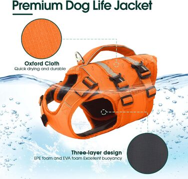 Спасальний жилет для собак Kuoser великого розміру з ручкою та світловідбиваючими елементами, регульований, посилений, для великих собак, помаранчевий (S)