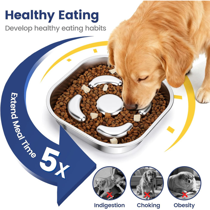 PETTOM Миска для собак протиковтання, нержавіюча сталь, Ø21 см, велика, повільне годування (23*23*4,5 см)