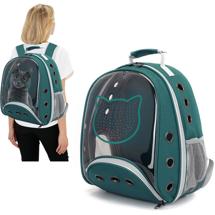 Рюкзак для котів та маленьких собак PETCUTE, дихаючий, знімний килимок, до 6 кг, з прозорим вікном, для подорожей (темно-зелений)