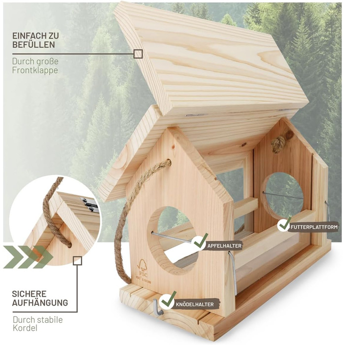 Велике годівничка для птахів з натурального дерева Wildtier Liebe XL - годівниця для птахів, стійка до погодних умов